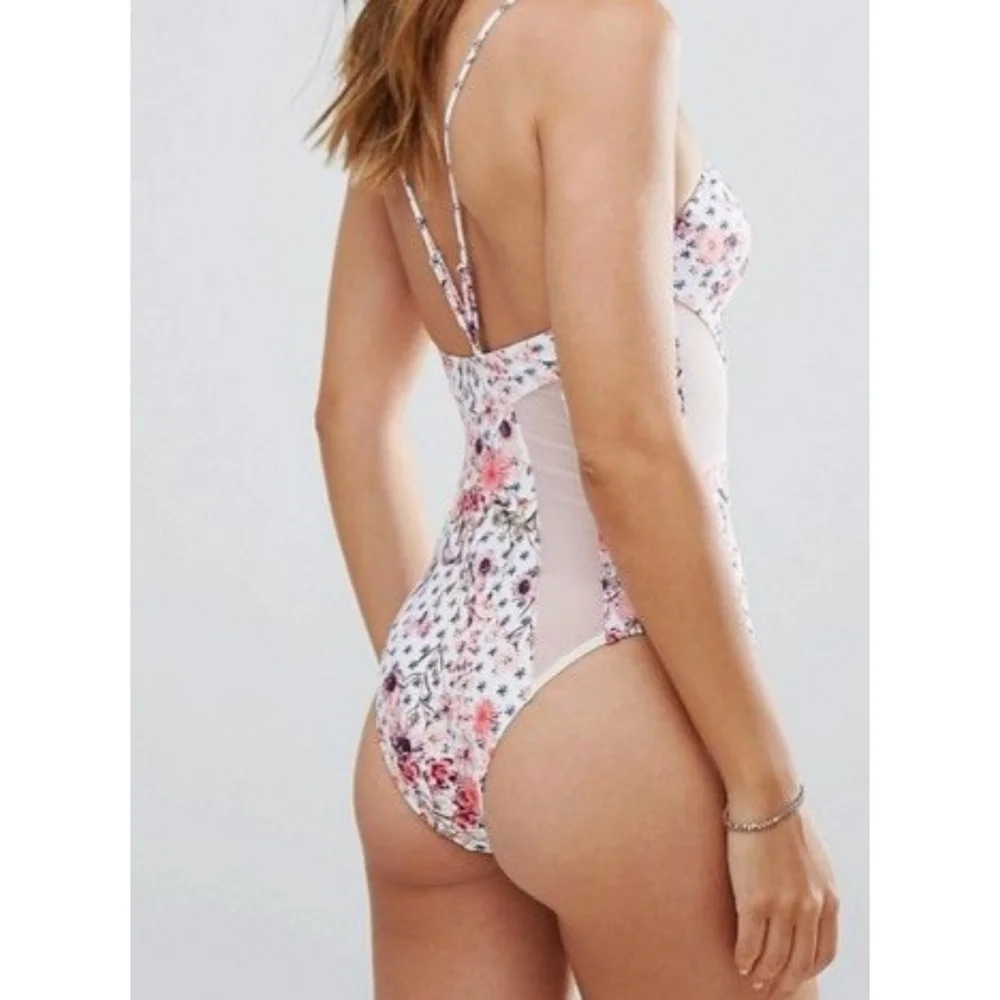 Anthropologie Pink Floral Cutout One-Piece Swimsuit
